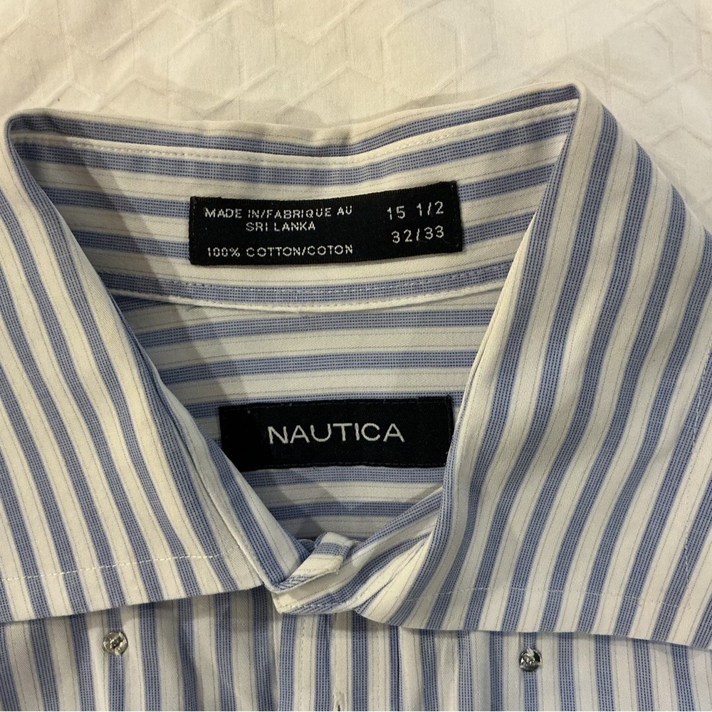 Nautica Men’s Light Blue & White Striped Cotton Dress Shirt
